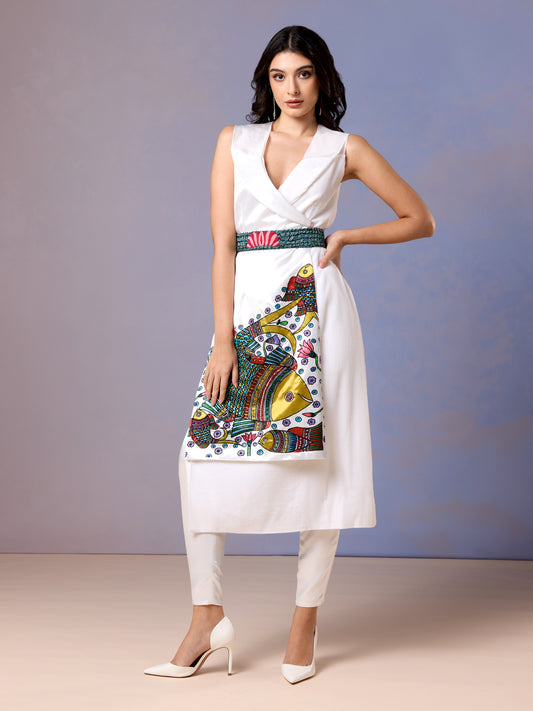 Women wearing Chantilly white kurti set with colorful hand-embroidered