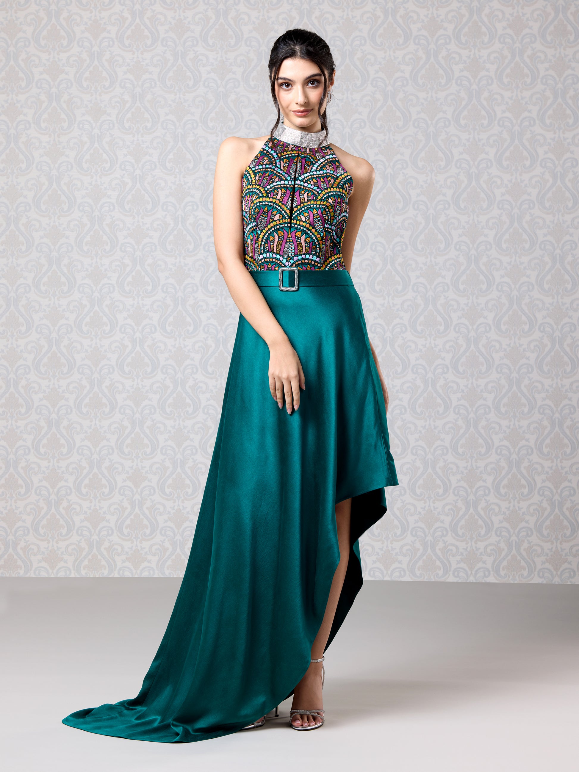 Emerald silk satin asymmetrical dress with embroidered bodice front view