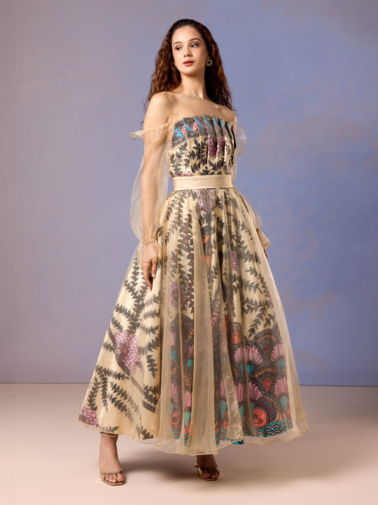 Women wearing morning light yellow long dress with floral print and net sleeves