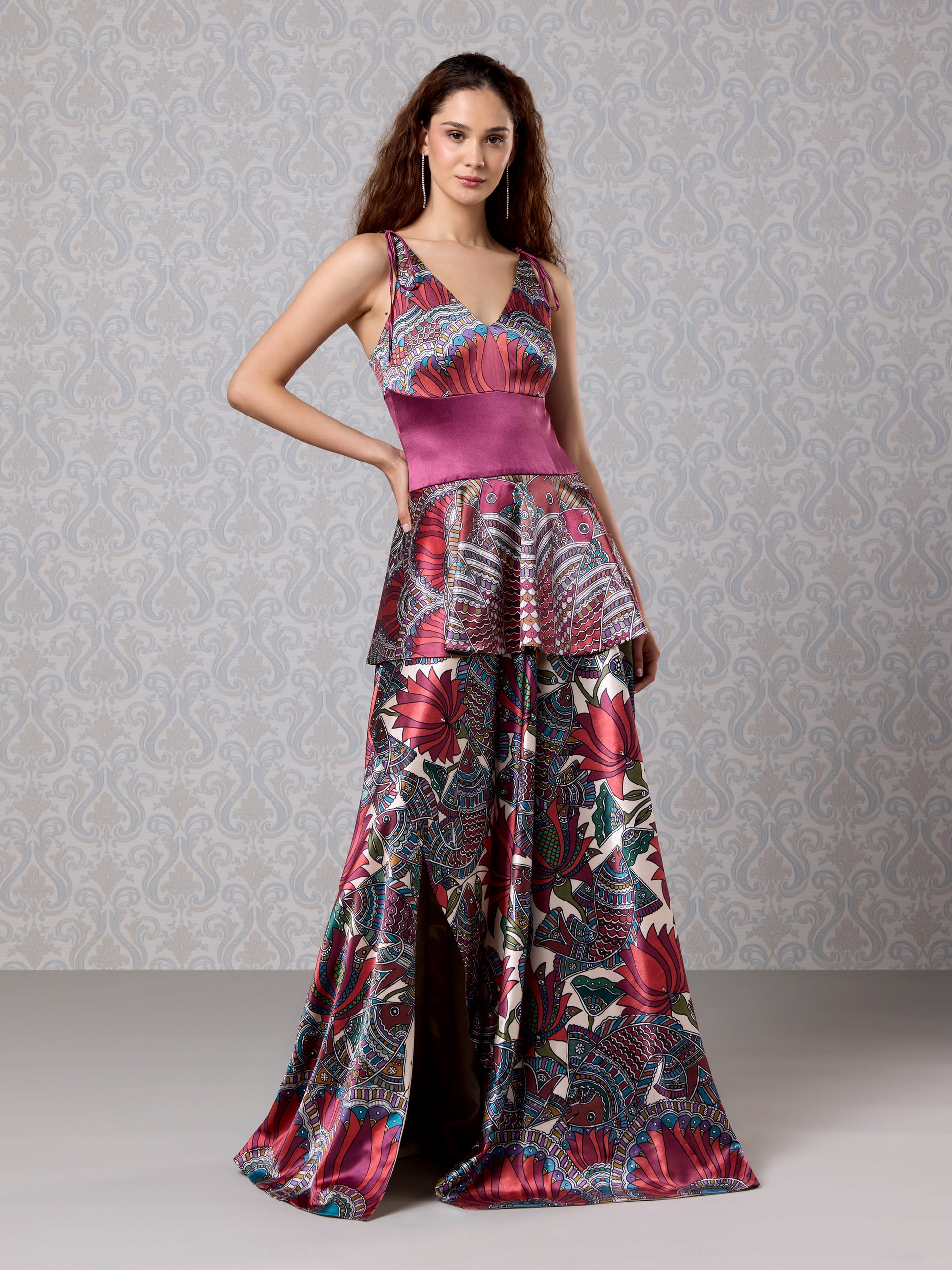 Front view of Cranberry silk satin long dress with floral layered skirt and V-neck bodice