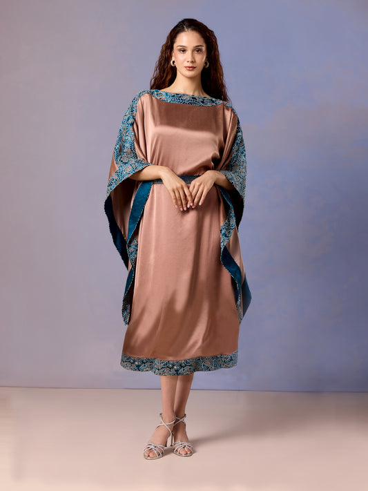 Front view of Urban Latte satin kaftan with blue embroidered border