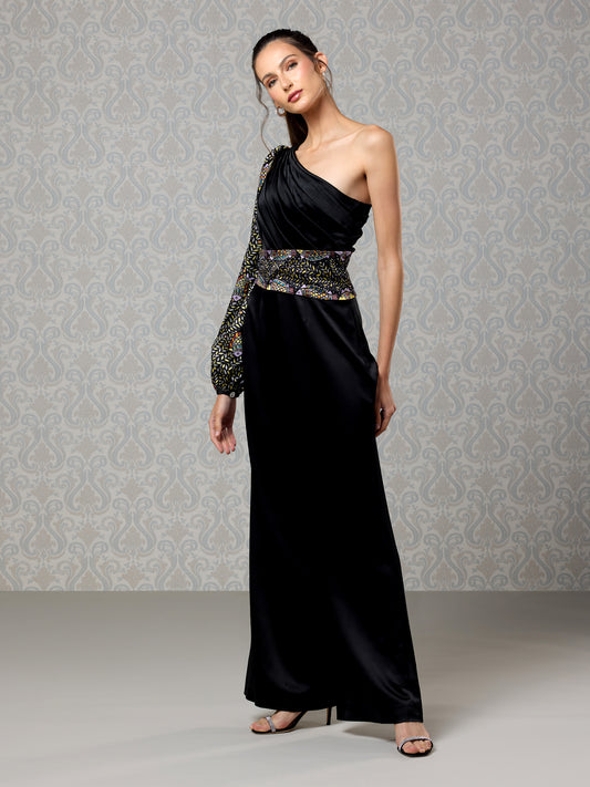 Front view of black ice silk satin one-shoulder jumpsuit with embellished sleeve