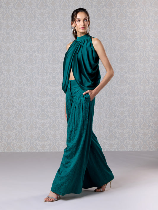 Emerald green silk satin top and trouser set front view with gathered neckline