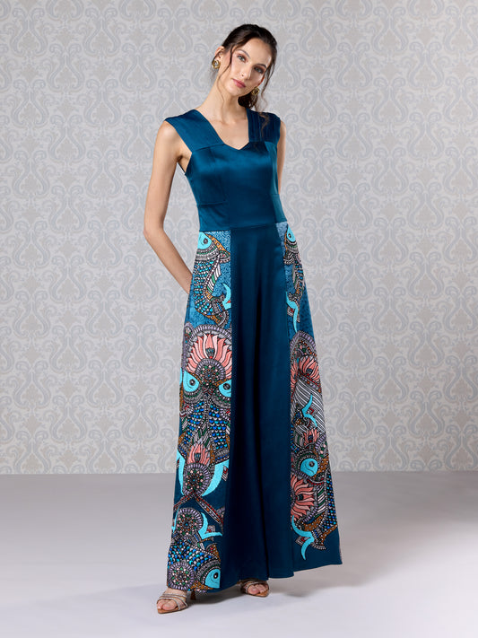 Front view of Moonlight Blue Silk Satin & Organza Jumpsuit