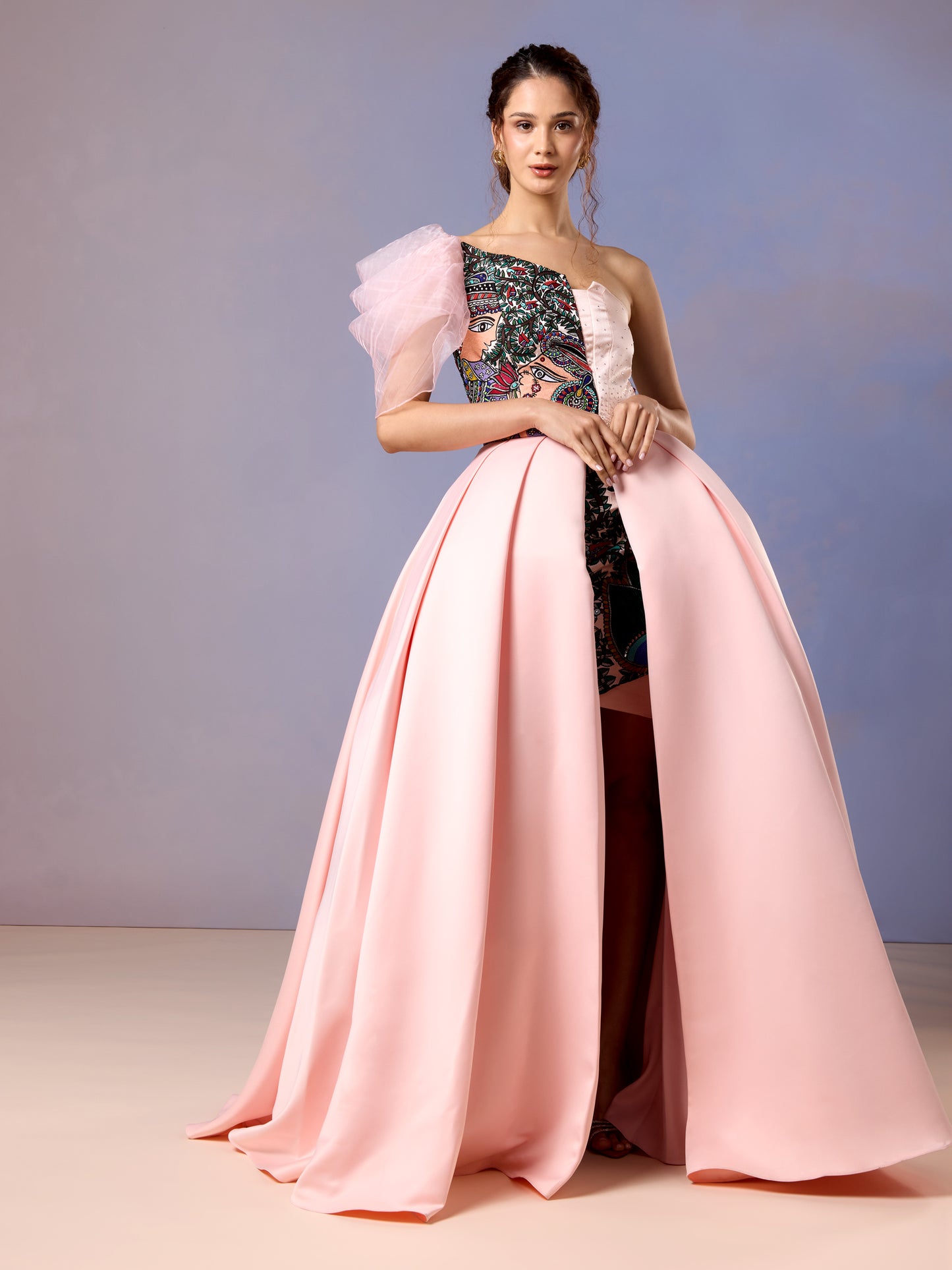 Front view of coral blush silk satin gown with puff sleeve and floral bodice