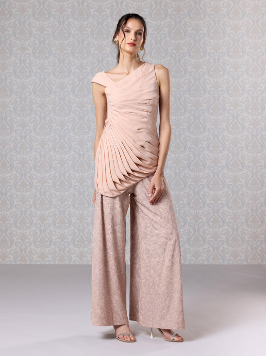 Vanilla crepe asymmetrical top with trousers front view
