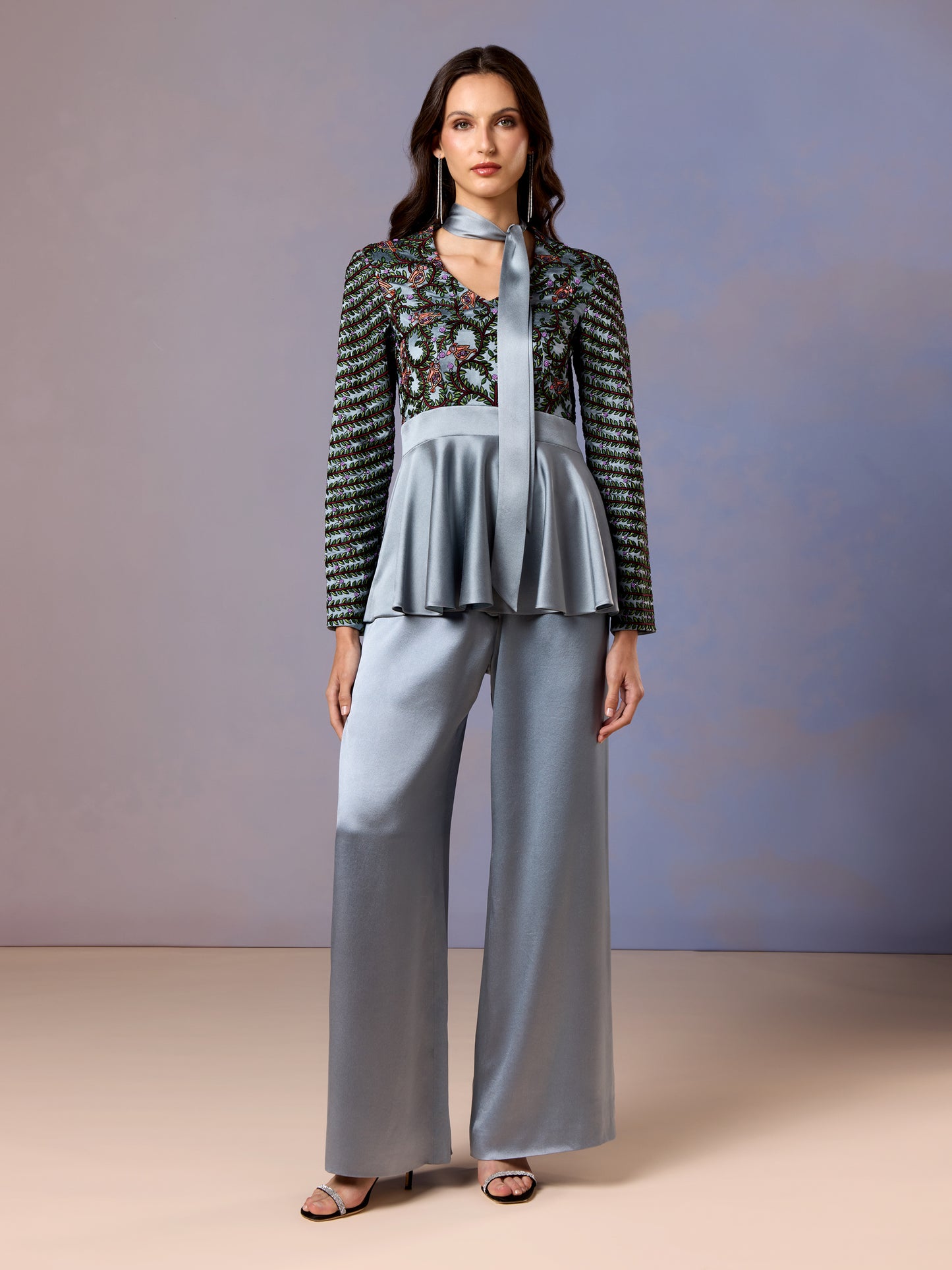 Women in Glacier Blue Silk Satin Top & Trouser Set