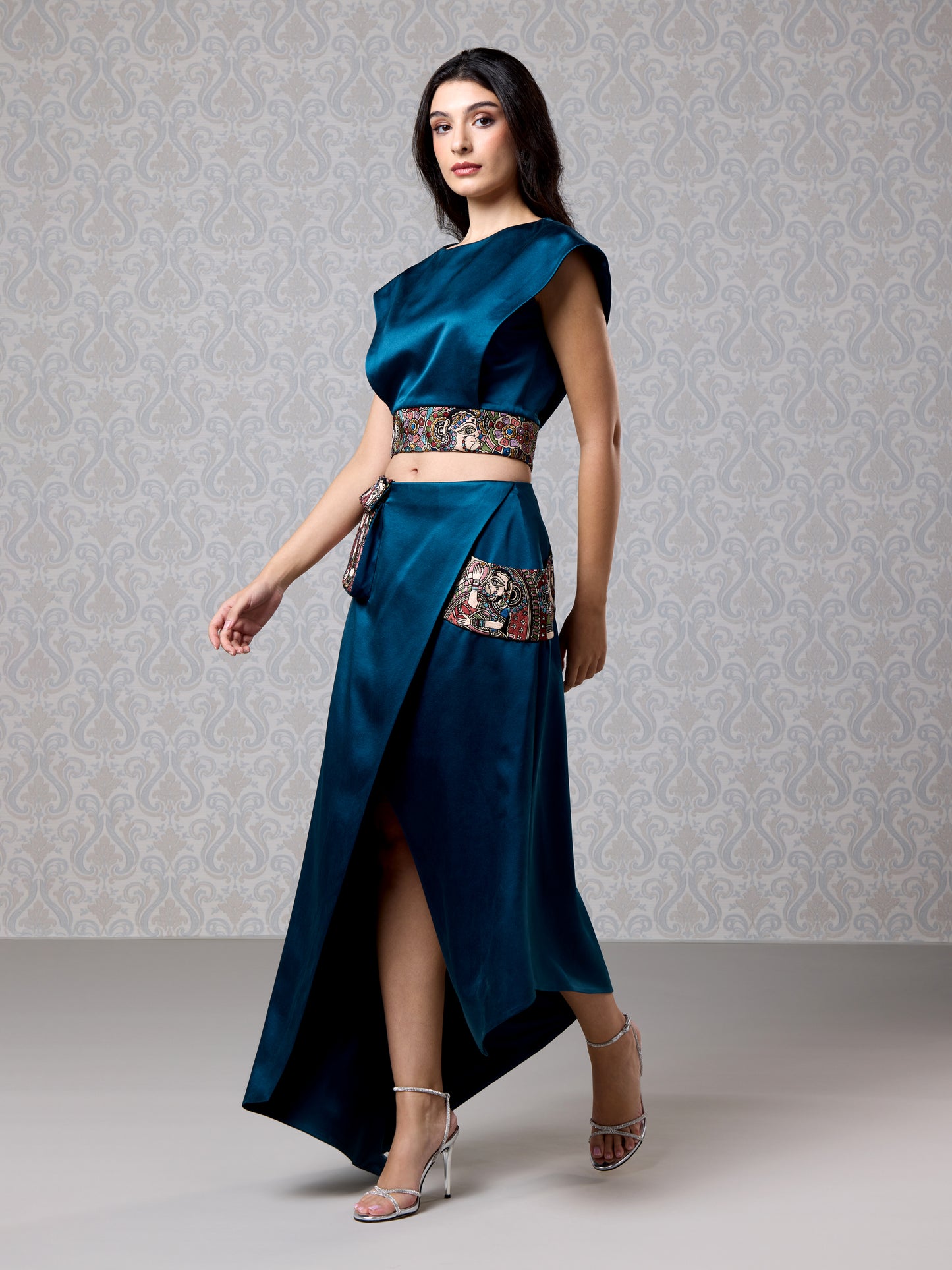 Moonlight blue satin dress with thigh slit and vegan leather embroidered belt