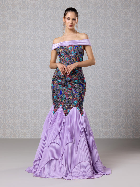 Front view of Amethyst Haze silk satin gown with lilac flared crepe hem and off-shoulder fit