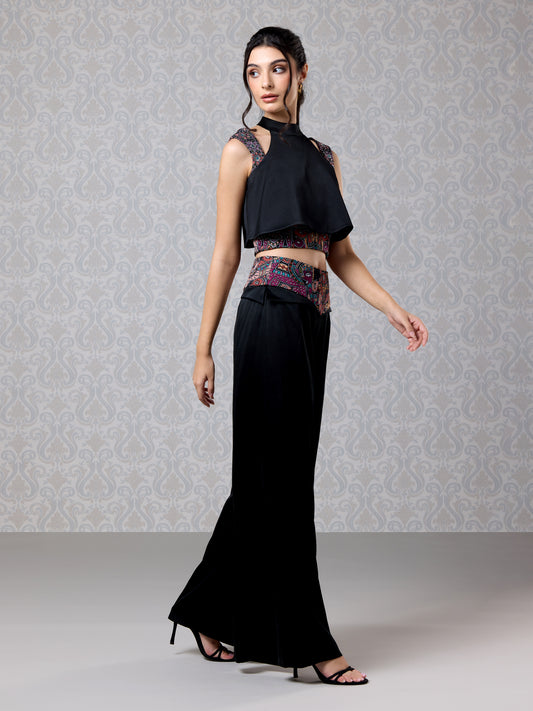 Black ice silk satin top with printed corset and flared trousers
