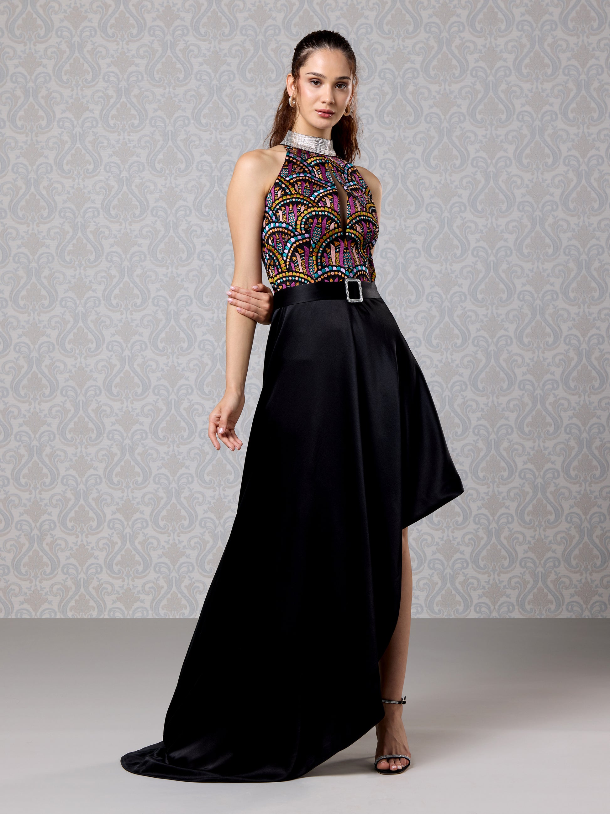 Front view of Black Ice silk satin long dress with colorful halter-neck bodice