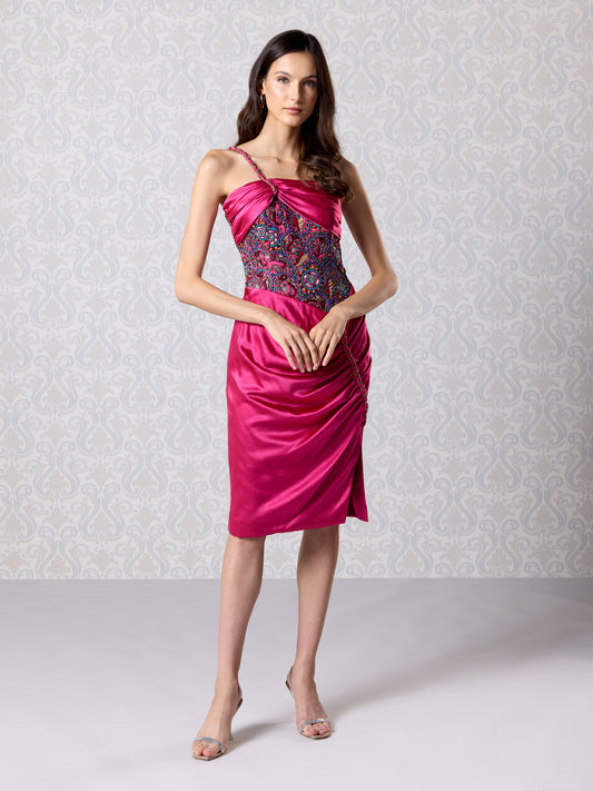 Front view of merlot silk satin strapless dress with printed corset-style bodice