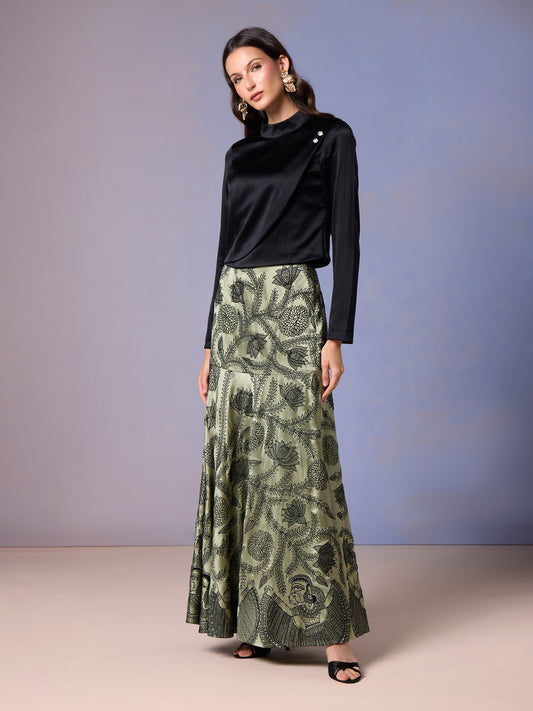 Sage Whisper printed skirt with black satin top full front view