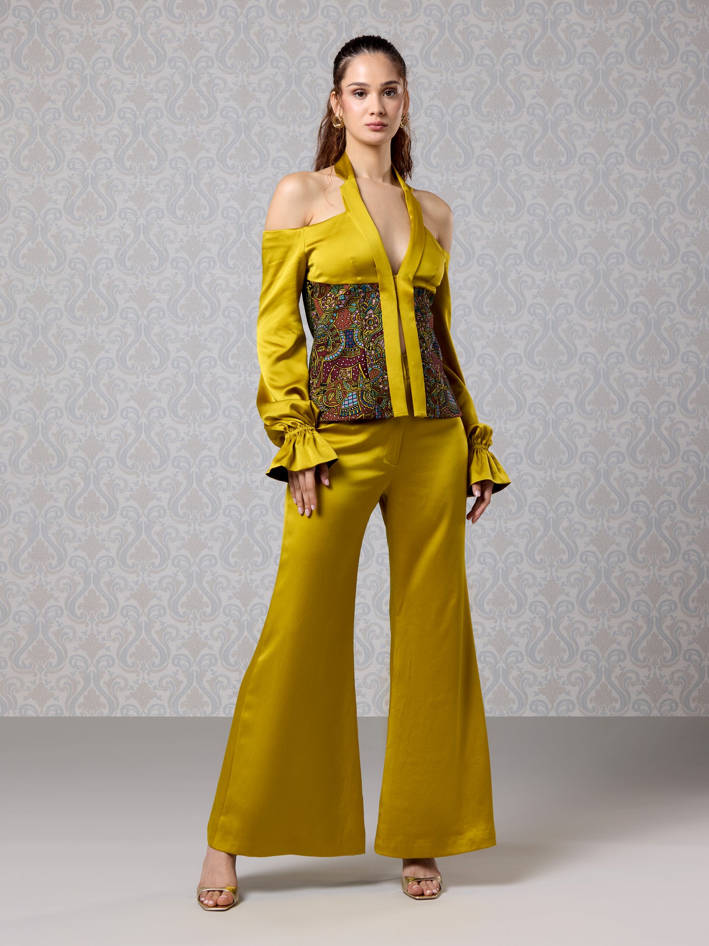Harvest gold silk satin off-shoulder top with matching flared trousers