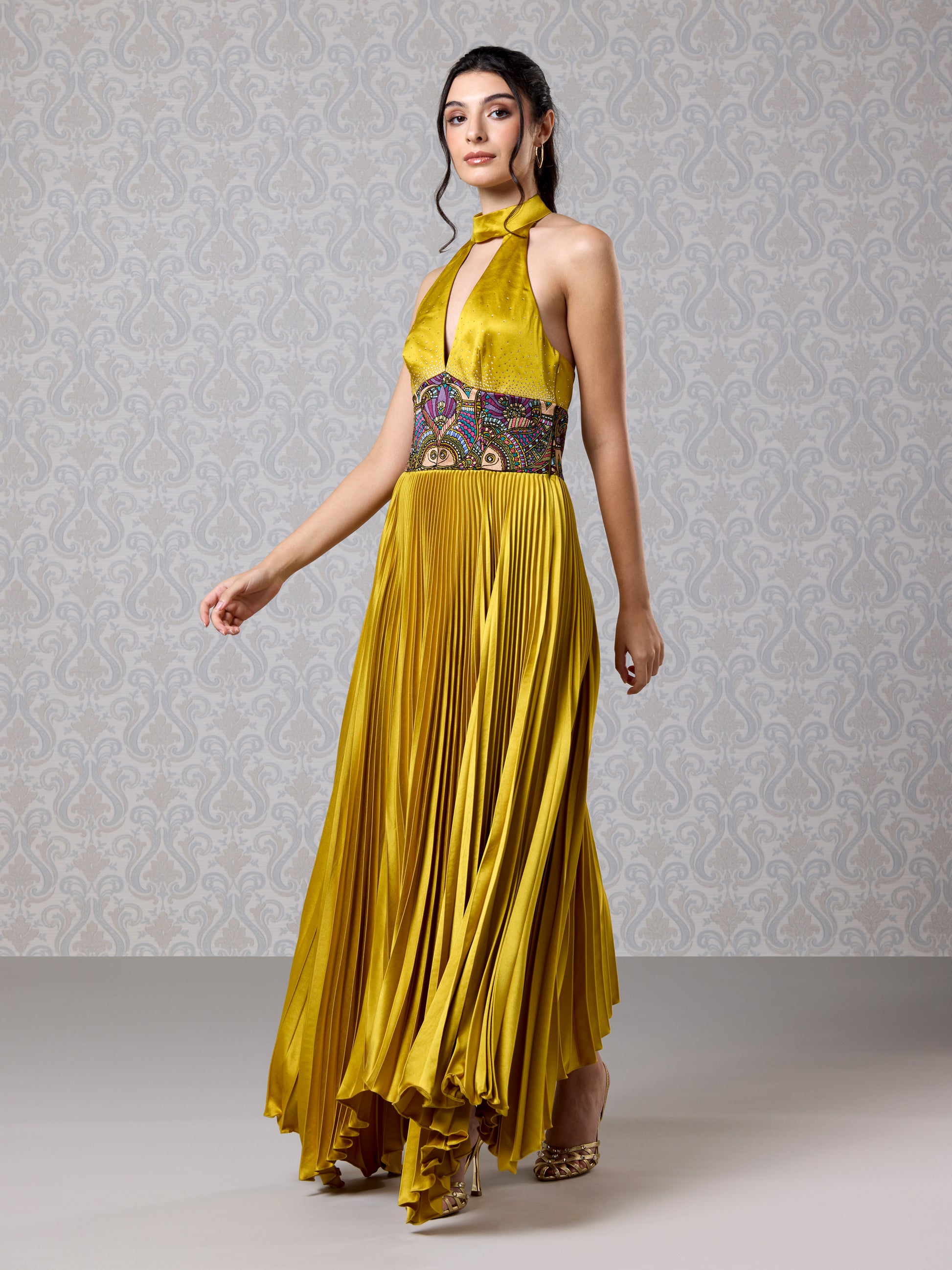 Front view of Harvest Gold silk satin long dress with embroidered waistband