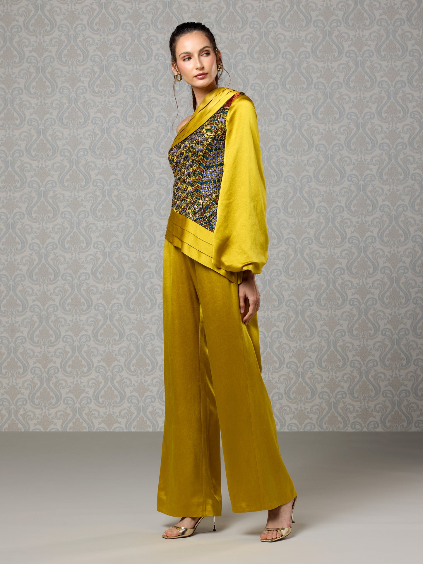 Side view of harvest gold satin jumpsuit