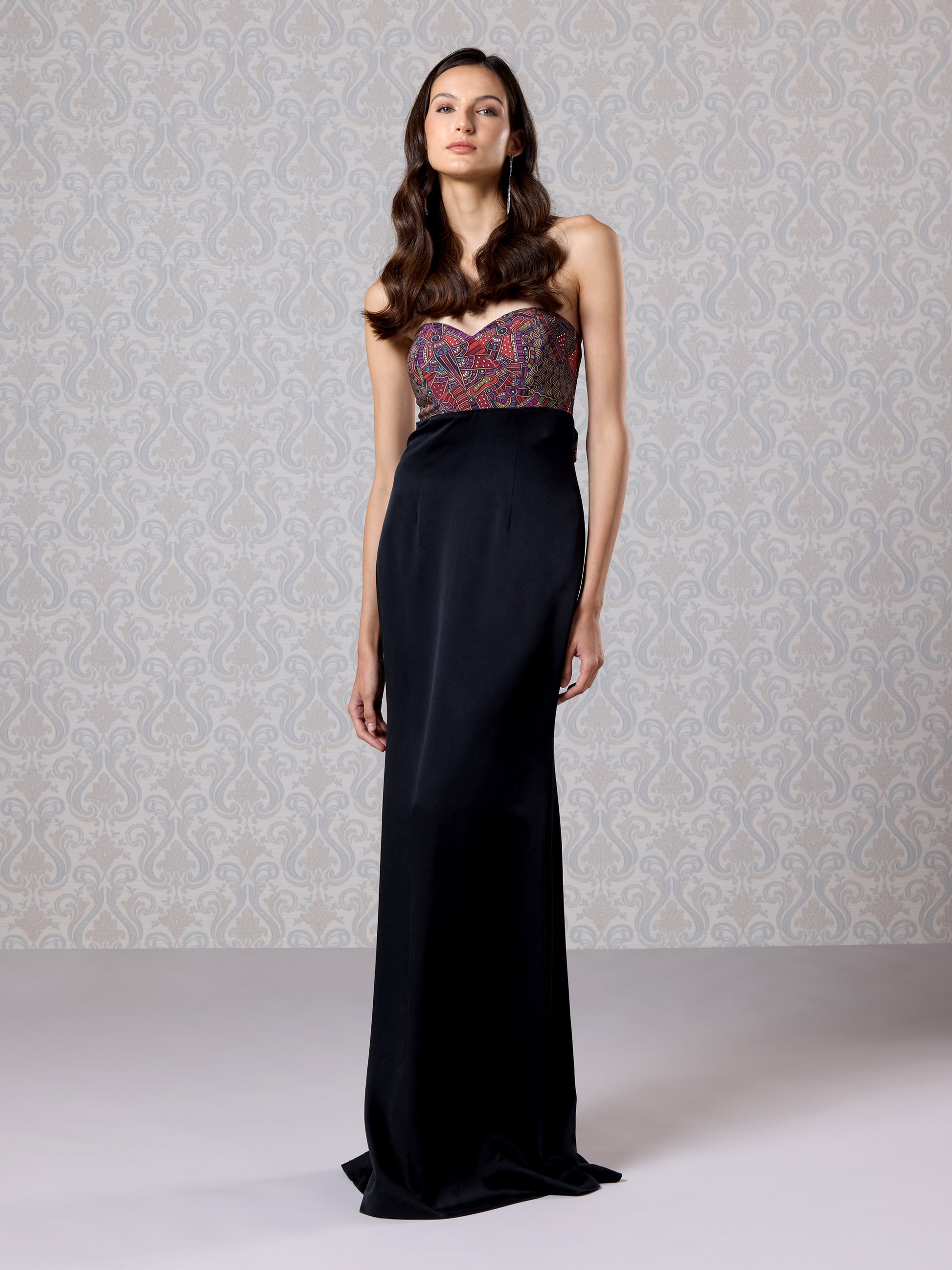 full-length -front-shot of black -Ice crepe-gown -with-strapless embroidered top