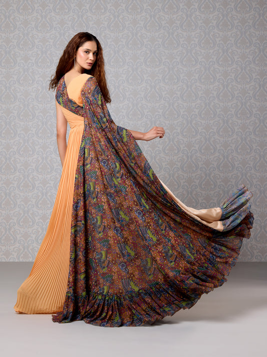 Flowing pastel pumpkin georgette long dress with printed cape in twirl motion