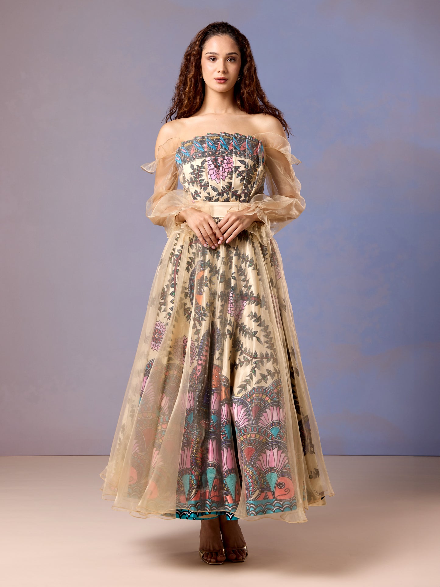 Elegant floral print yellow dress with flared silhouette