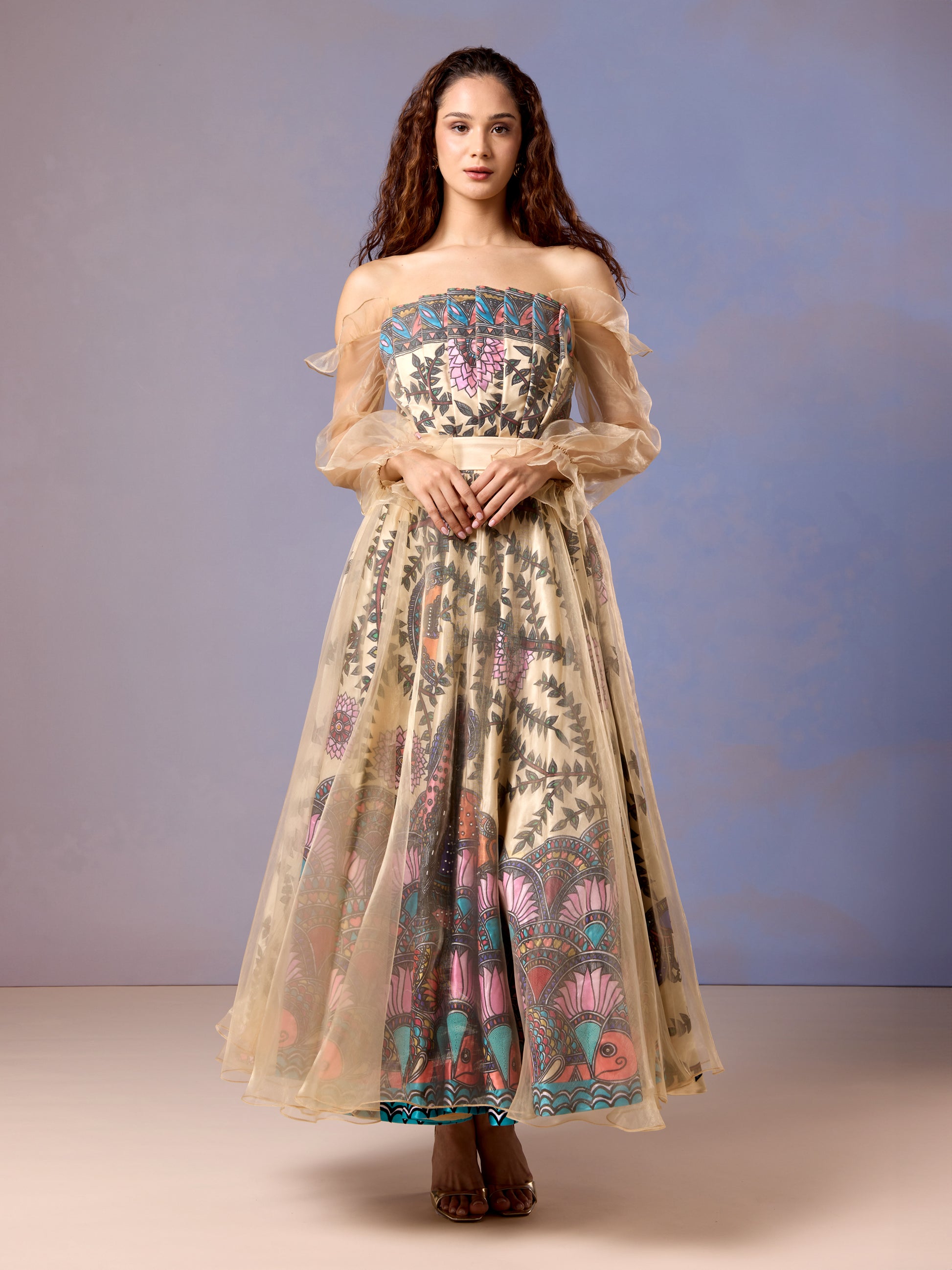 Elegant floral print yellow dress with flared silhouette