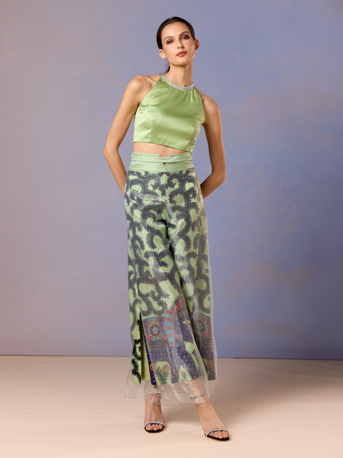 Side view of Sage Whisper Green Top & Trouser Set