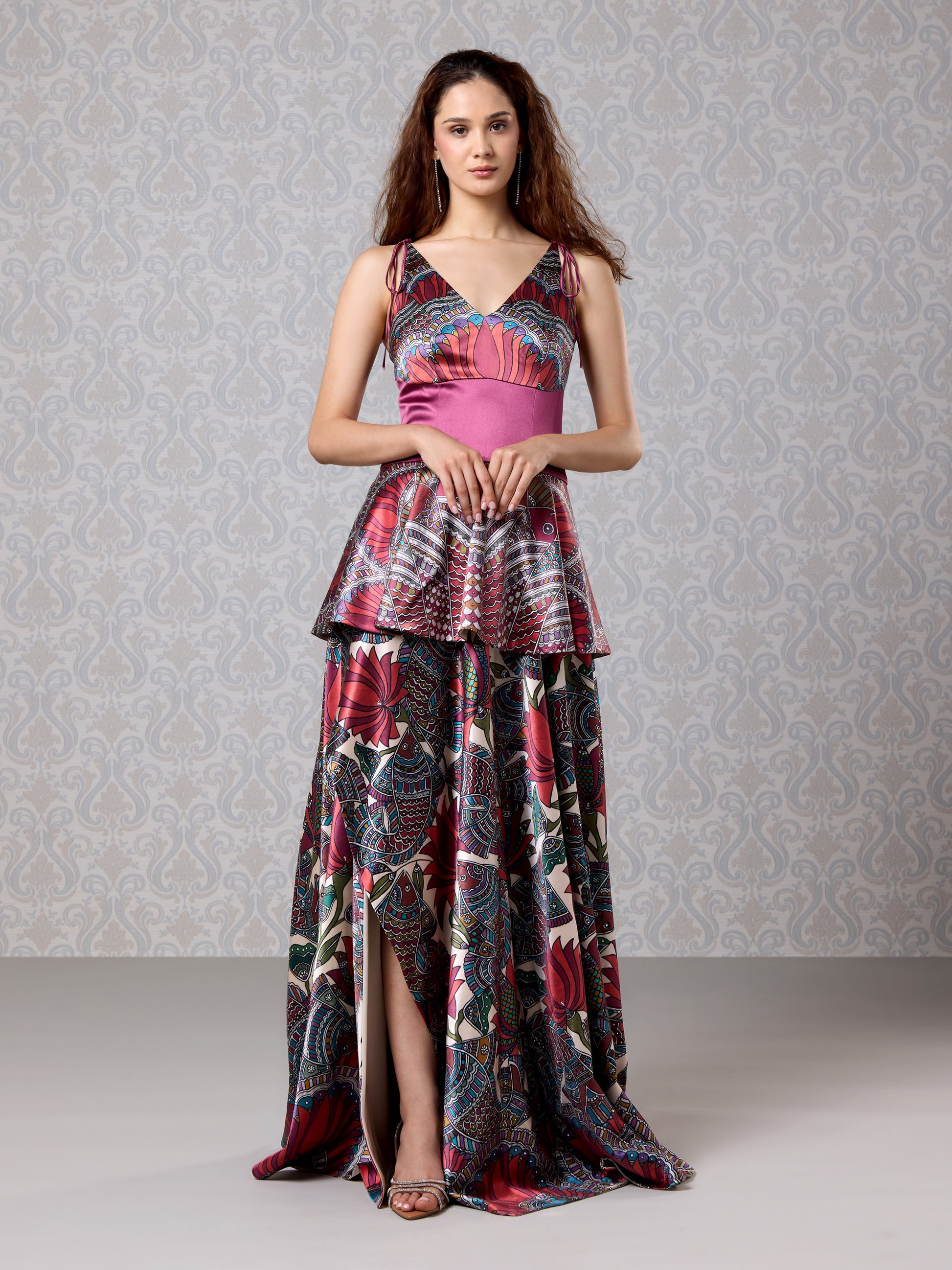 Full-length front pose in Cranberry Silk Satin Long Dress