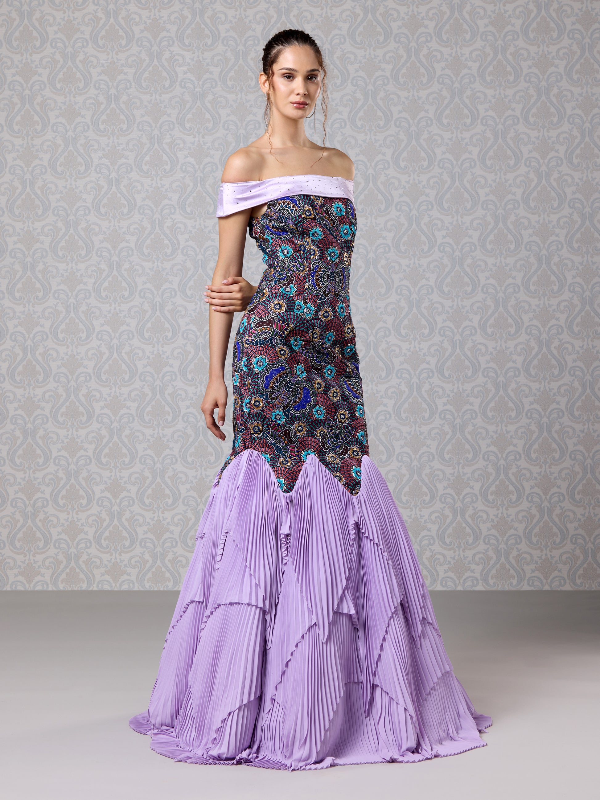Full-length front view of embroidered Amethyst Haze satin crepe gown with ruffle hem