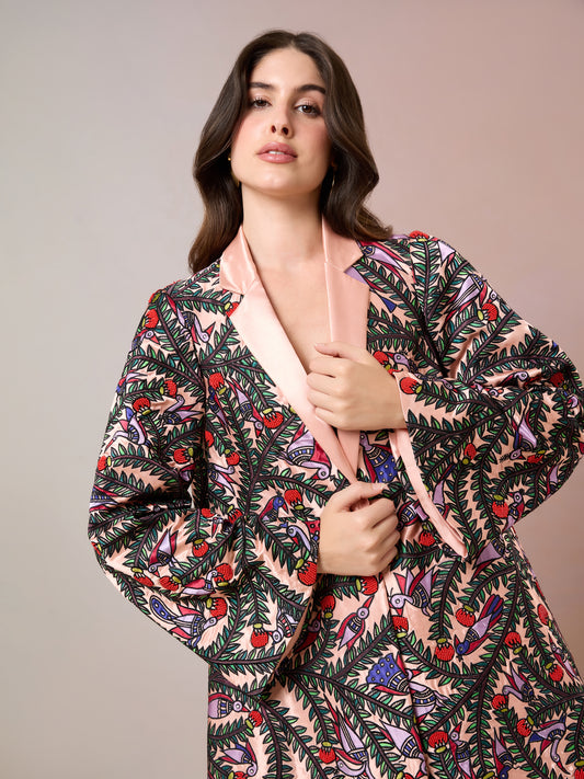 Model posing with embroidered jacket