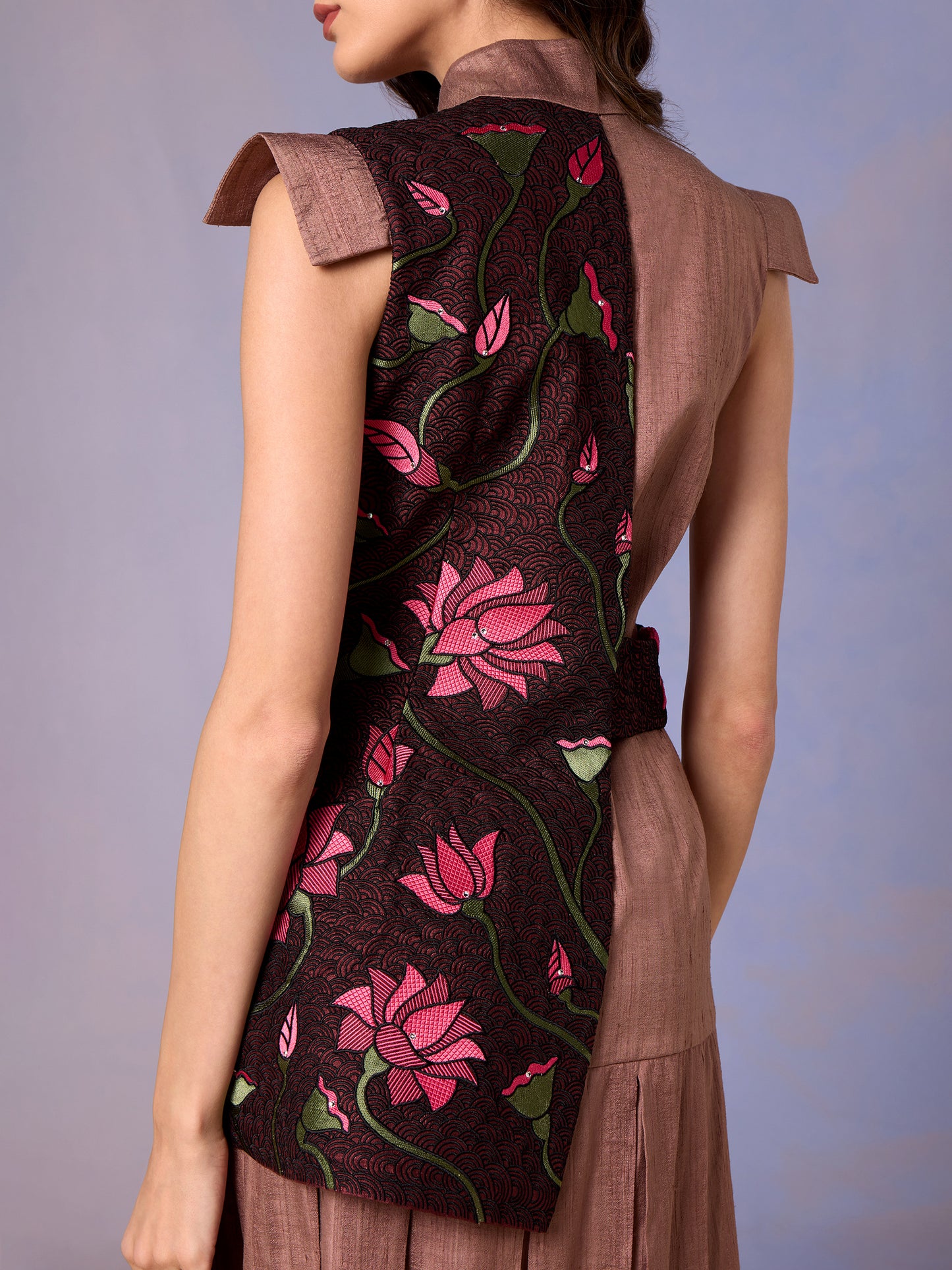 Side view of Urban Latte raw silk short dress with bold floral motifs