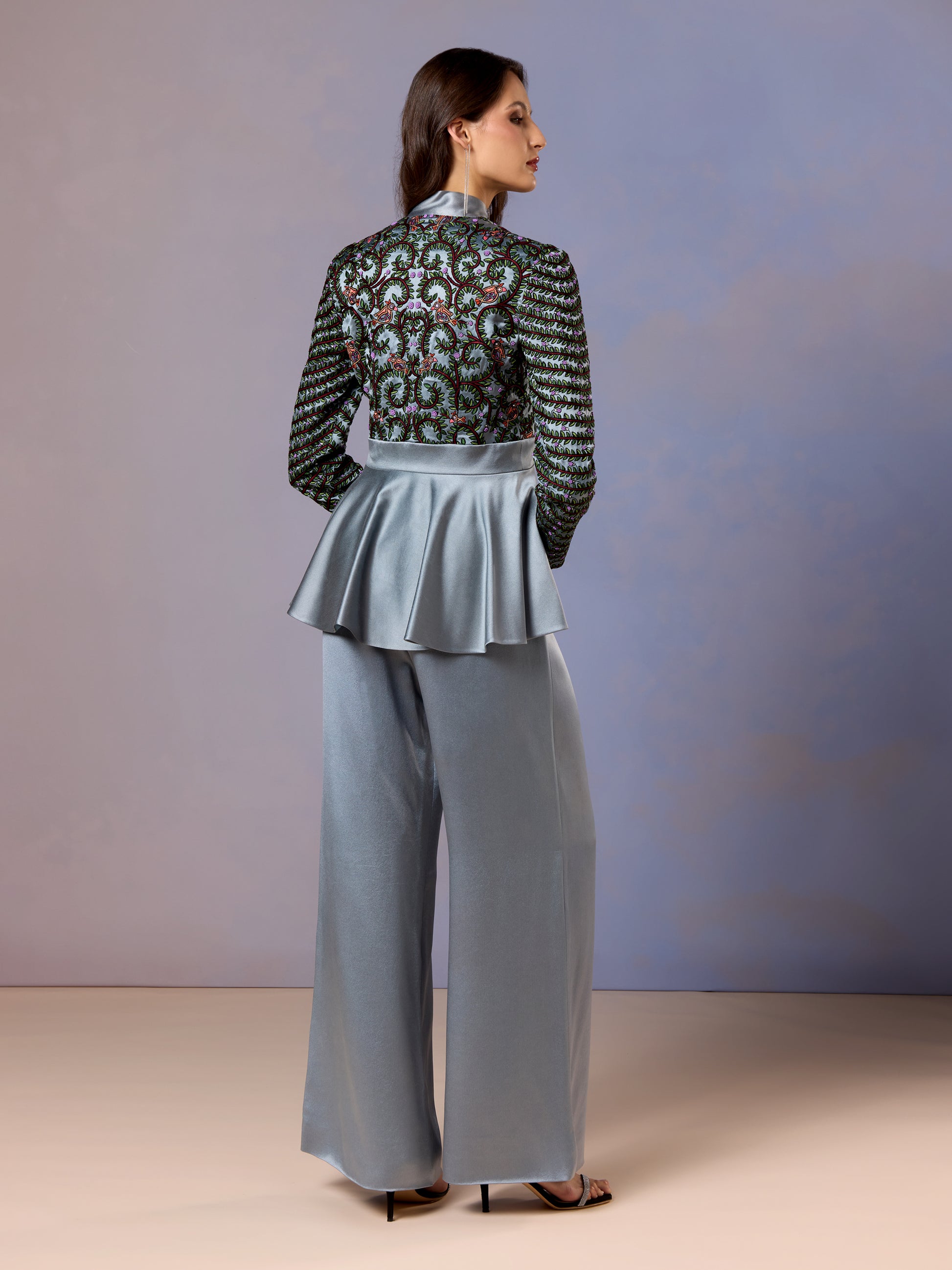 Back view of Glacier Blue Silk Satin Top & Trouser Set