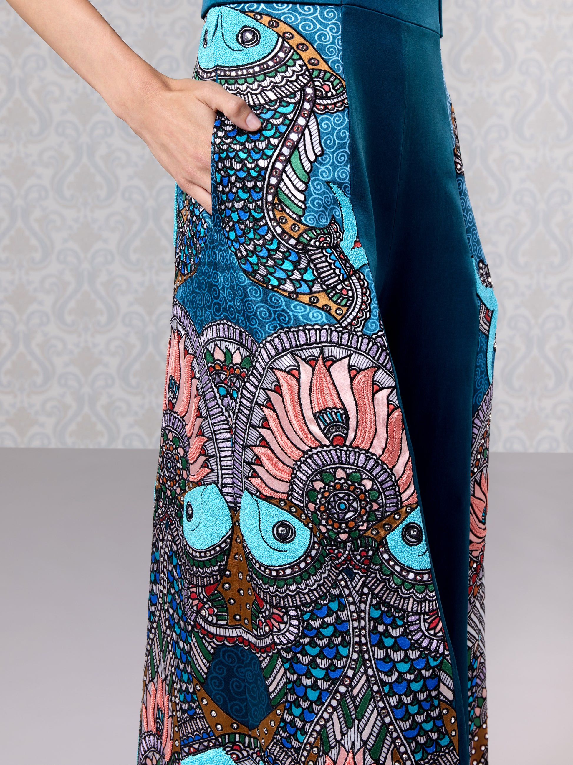 Close-up of moonlight blue jumpsuit