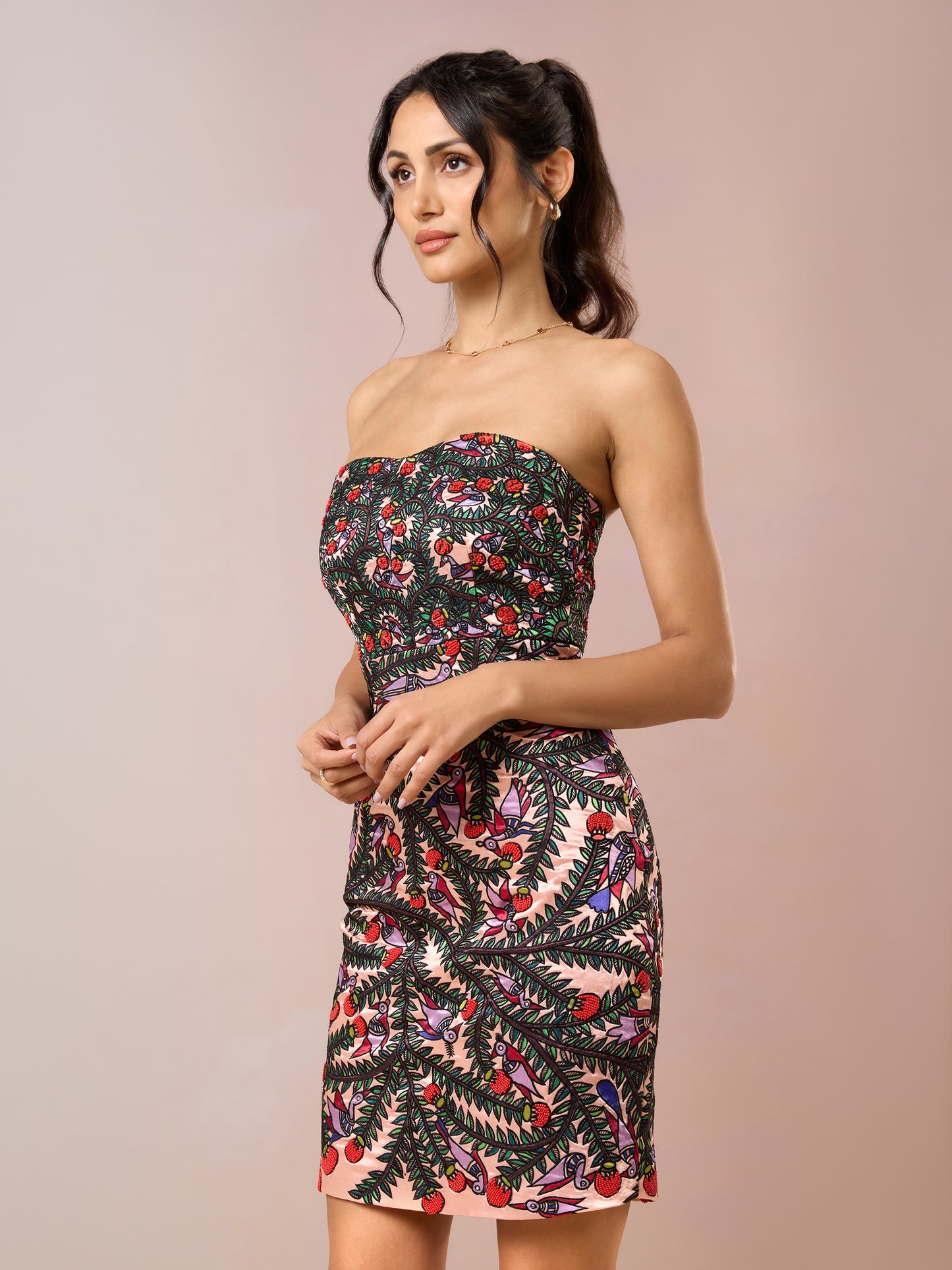 Strapless floral mini dress with side bow detailing