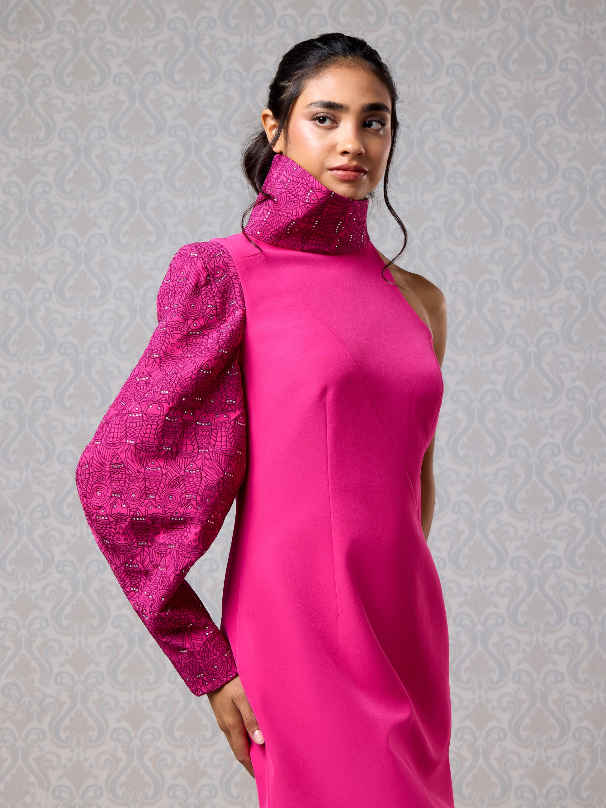 Close-up of high neck merlot scuba short dress with puff sleeve