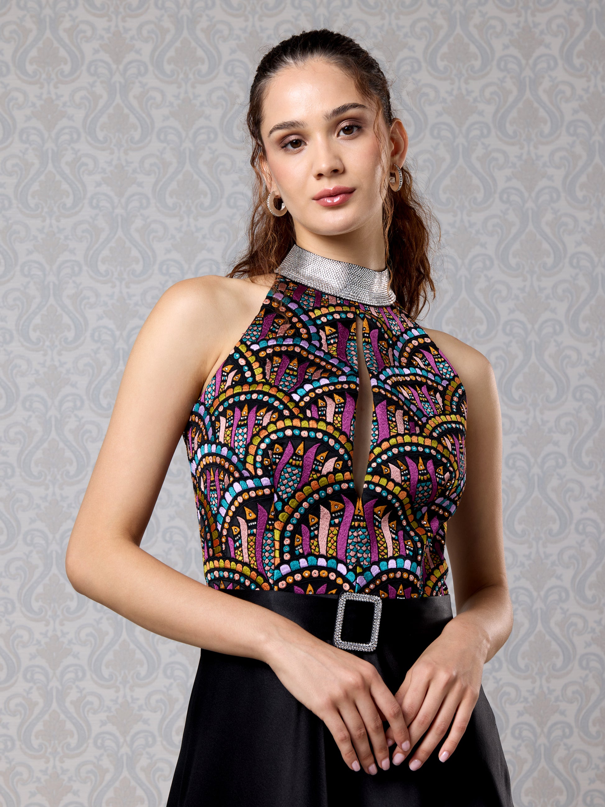 Close-up of printed halter neckline on Black Ice satin long evening dress