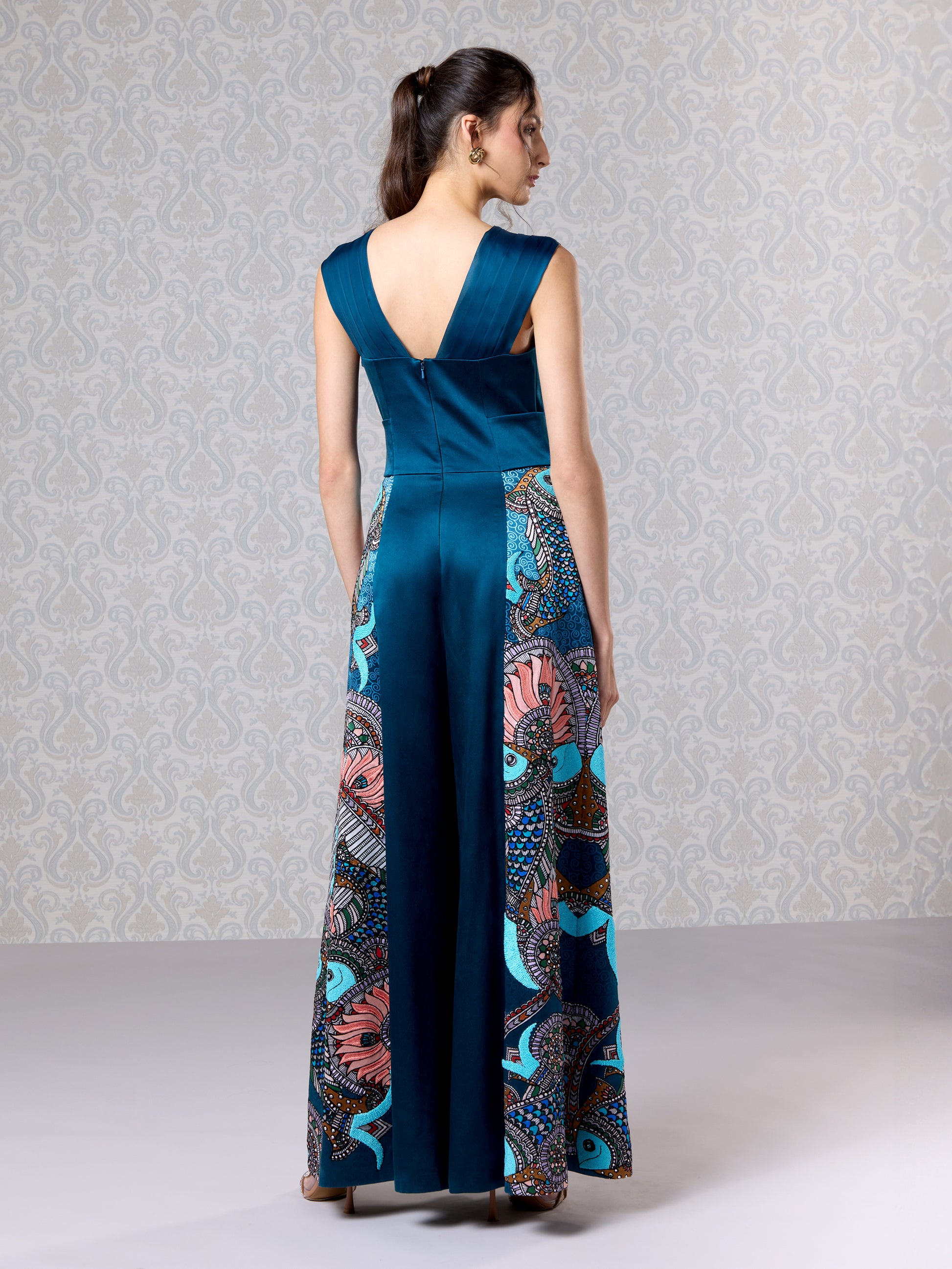 Side view of moonlight blue satin jumpsuit