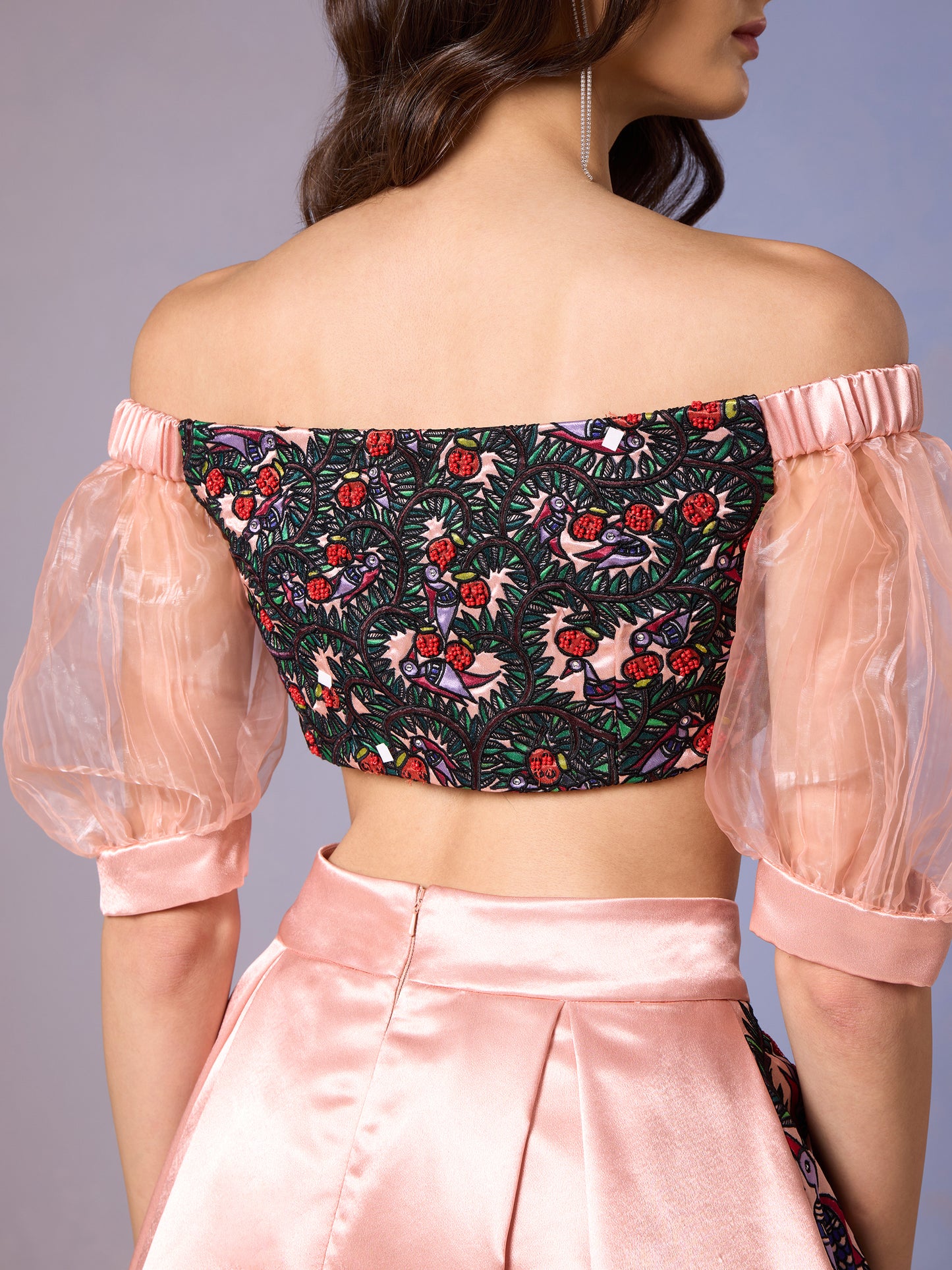 Back view of Coral Blush off-shoulder top and midi skirt
