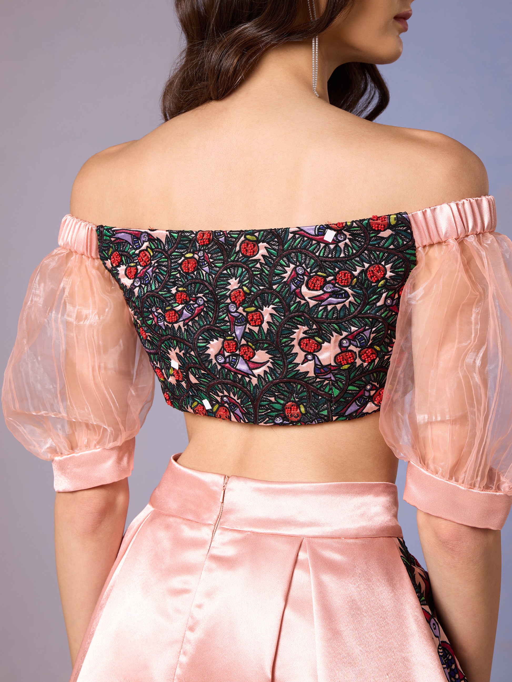 Back view of Coral Blush off-shoulder top and midi skirt