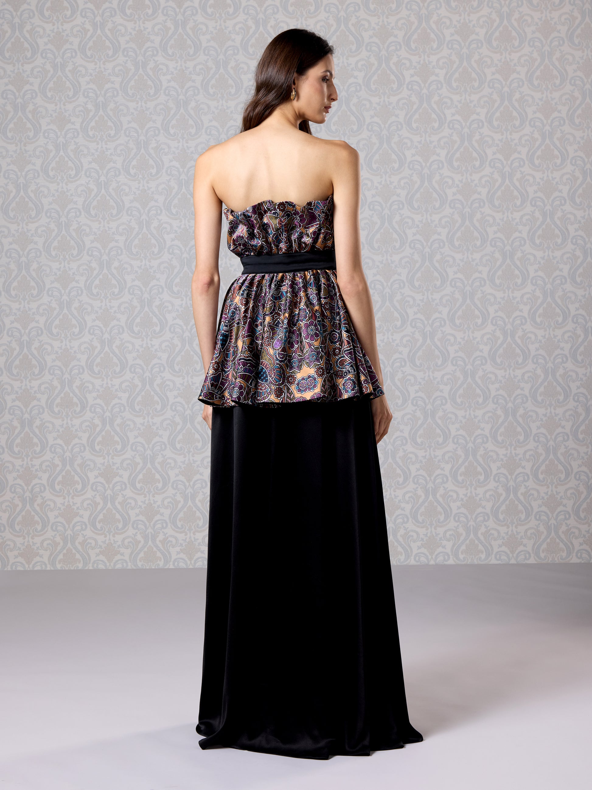 Back view of Brown Oak & Black Ice Silk Satin Long Dress