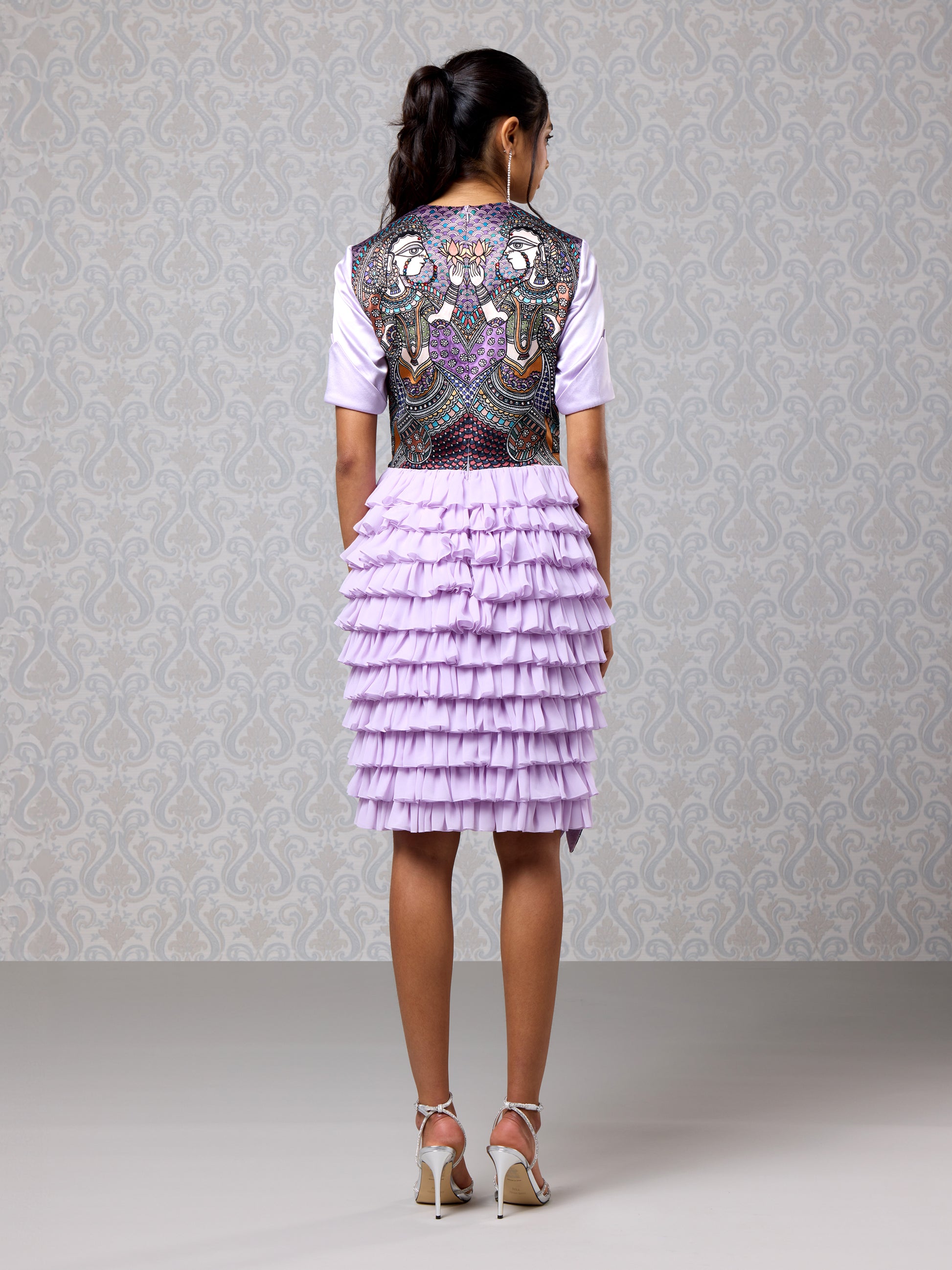 Back view of Amethyst Haze silk satin and georgette layered short dress