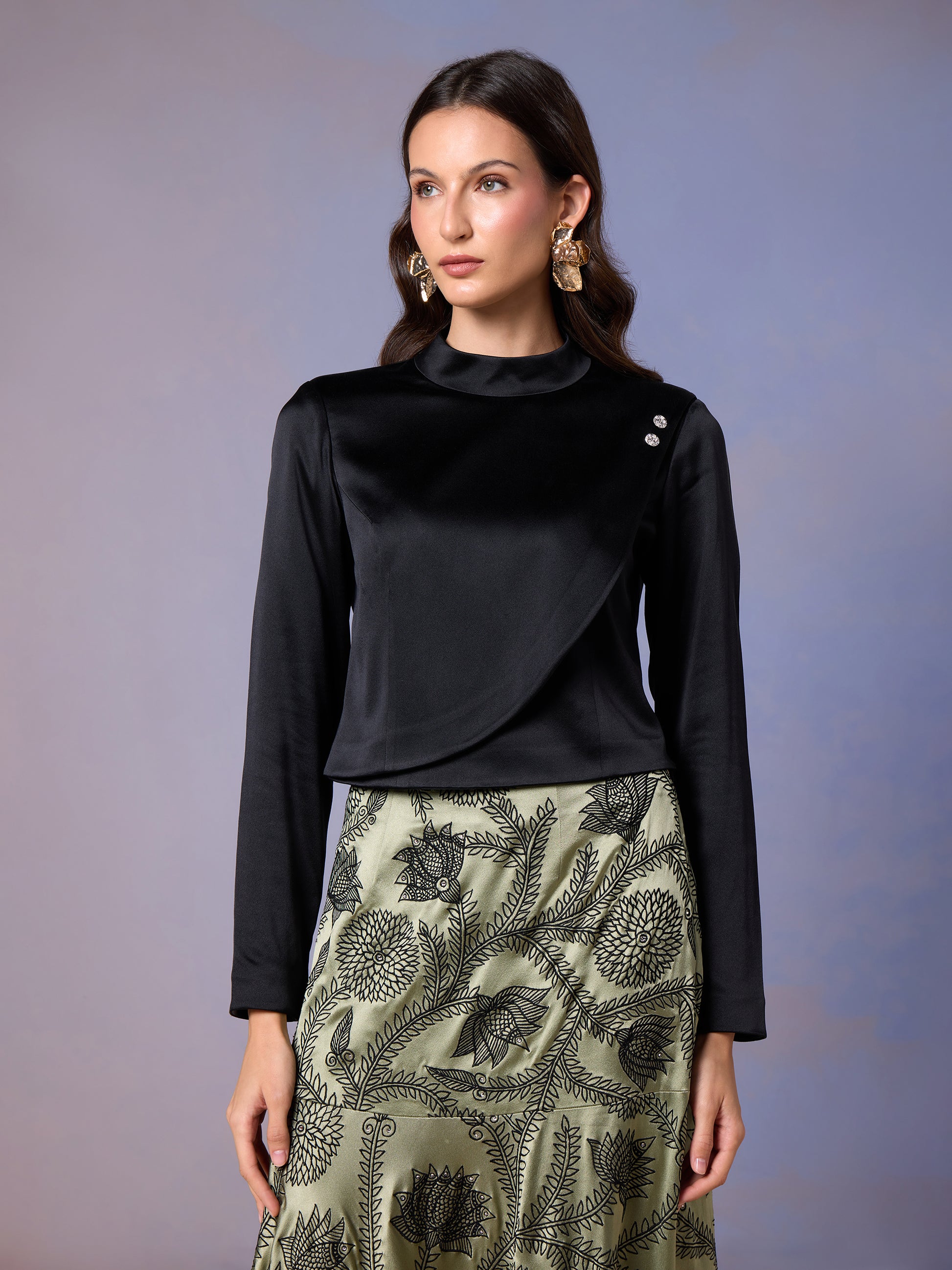 Black satin blouse with Sage Whisper flowy skirt front view