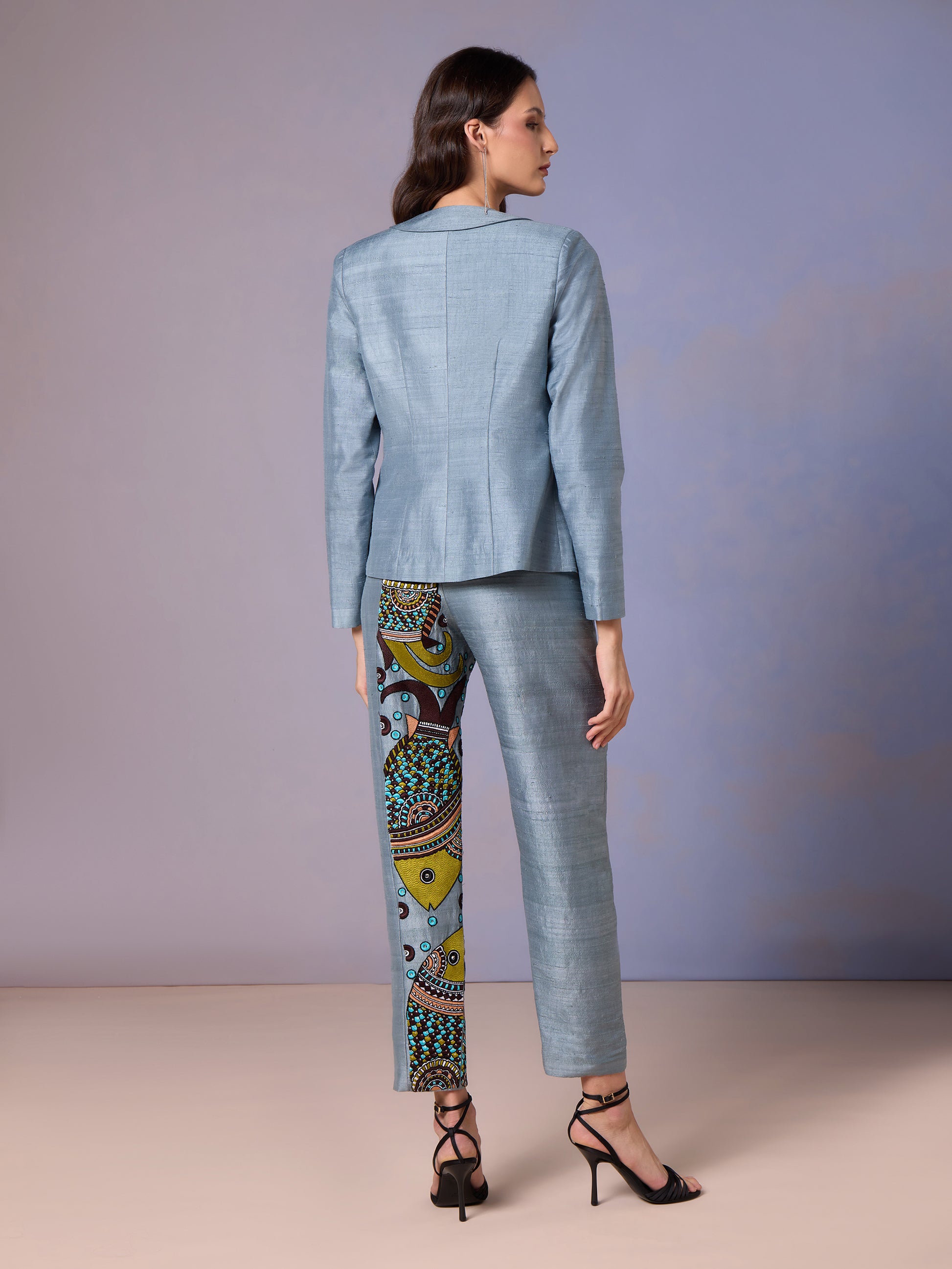 Back -of Glacier-blue -jacket and printed-trousers -co-ord set