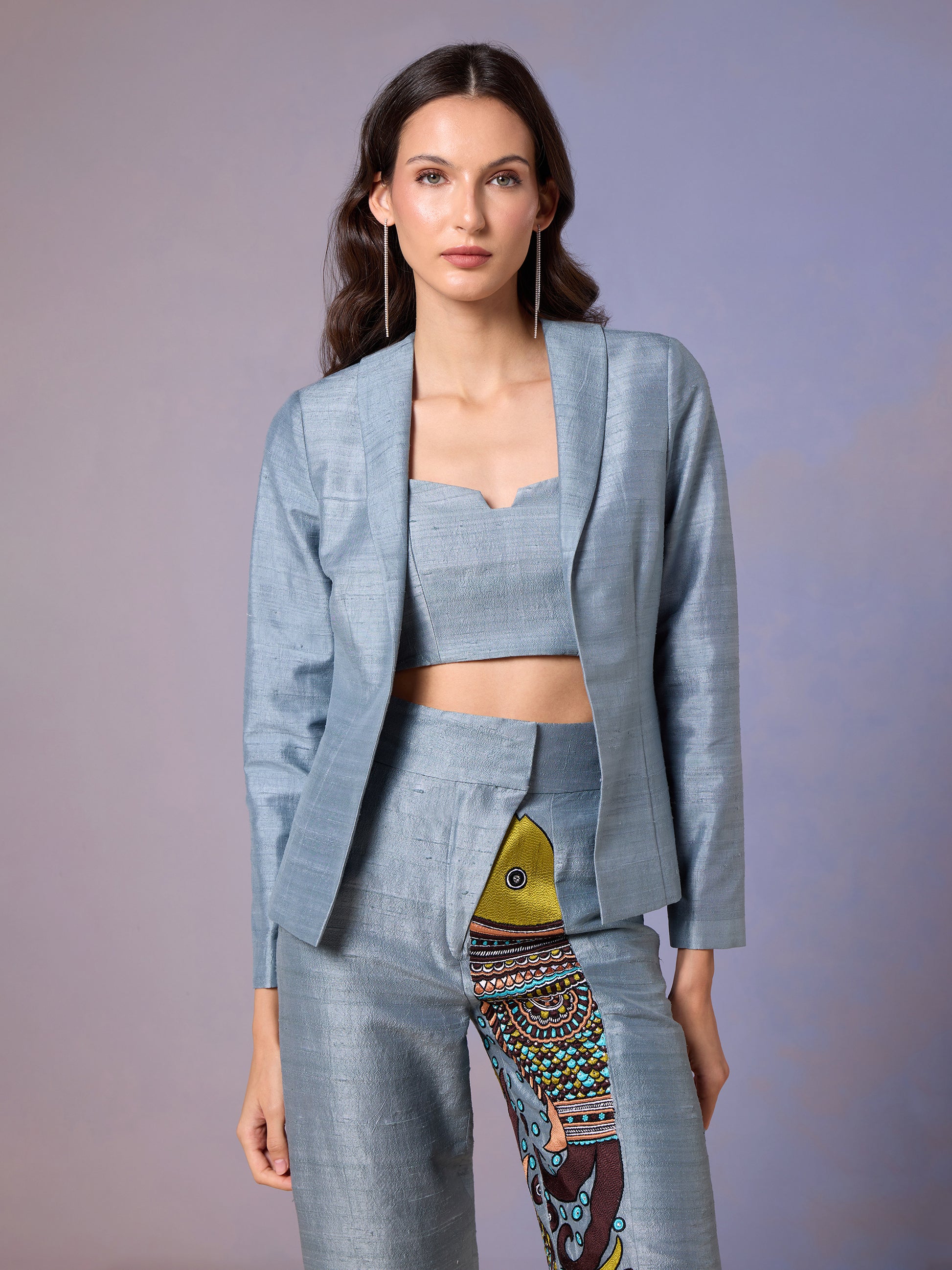 Glacier Blue three-piece silk co-ord set with colorful printed trouser detail