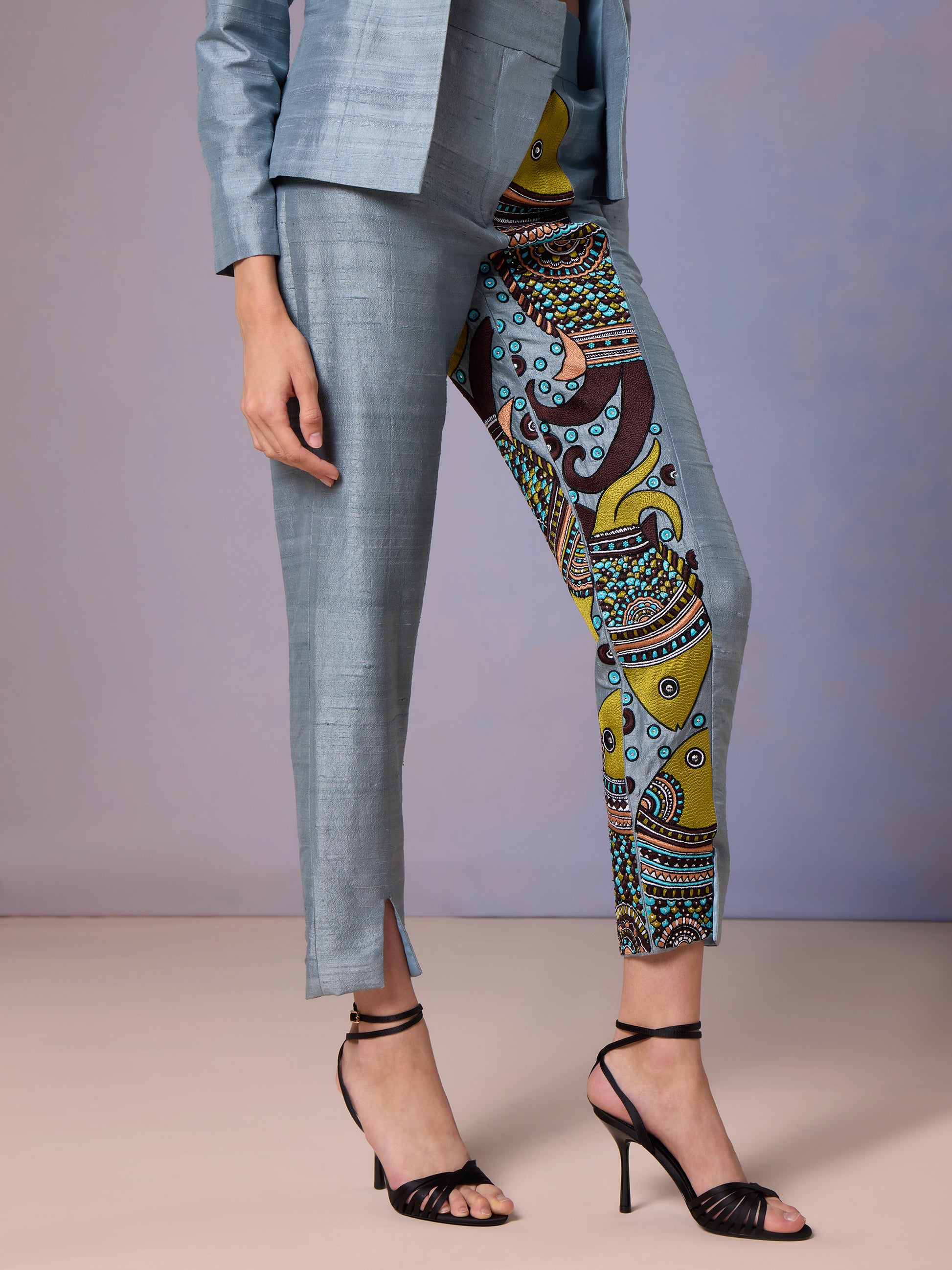 Printed-silk trousers-in Glacier -Blue co-ord set with heels