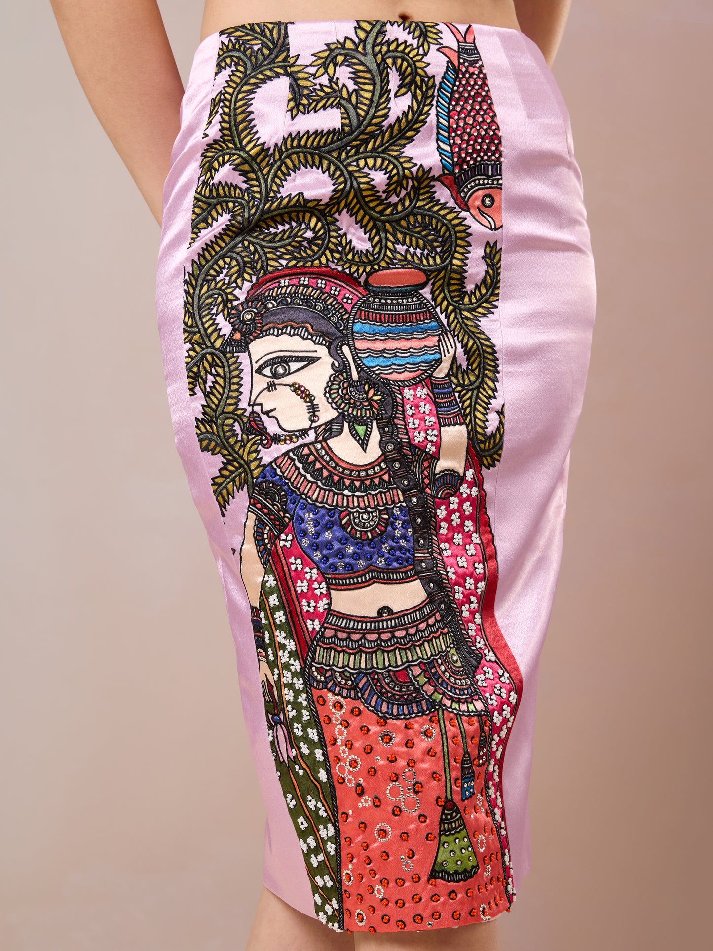 Close-up of traditional Madhubani print on designer skirt