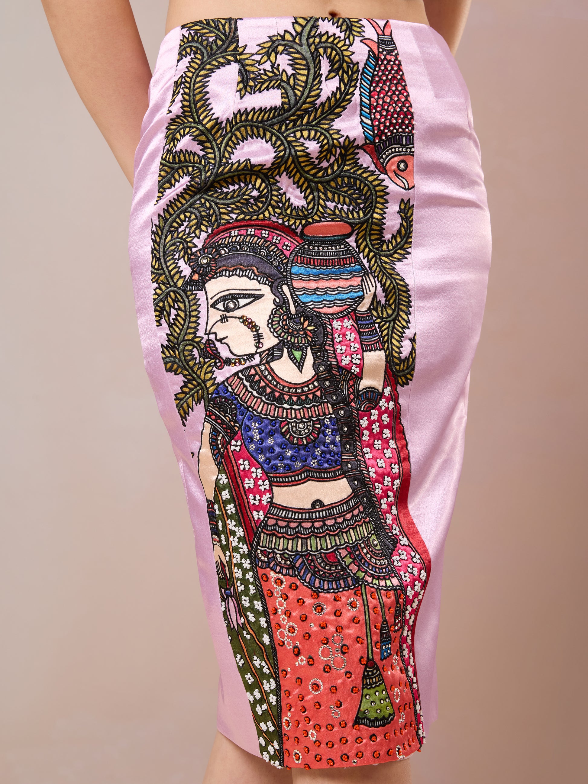 Close-up of traditional Madhubani print on designer skirt
