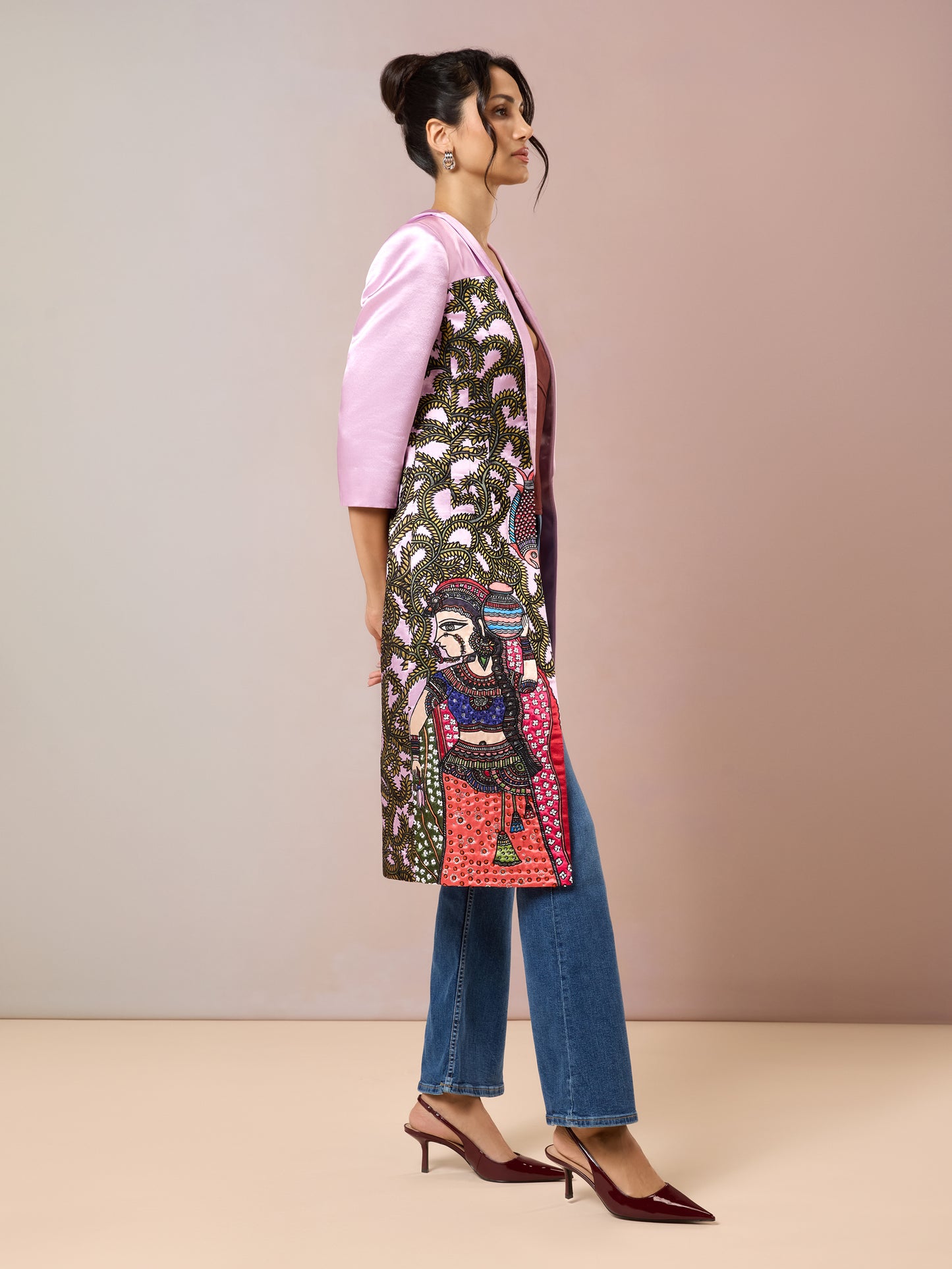 Side view of pink jacket with detailed Madhubani print panel