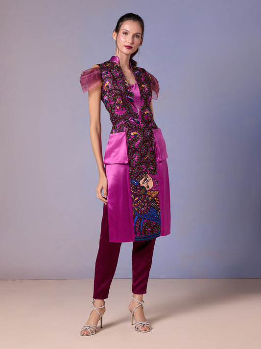 Persian Rose kurti with floral embroidery and magenta trousers front view