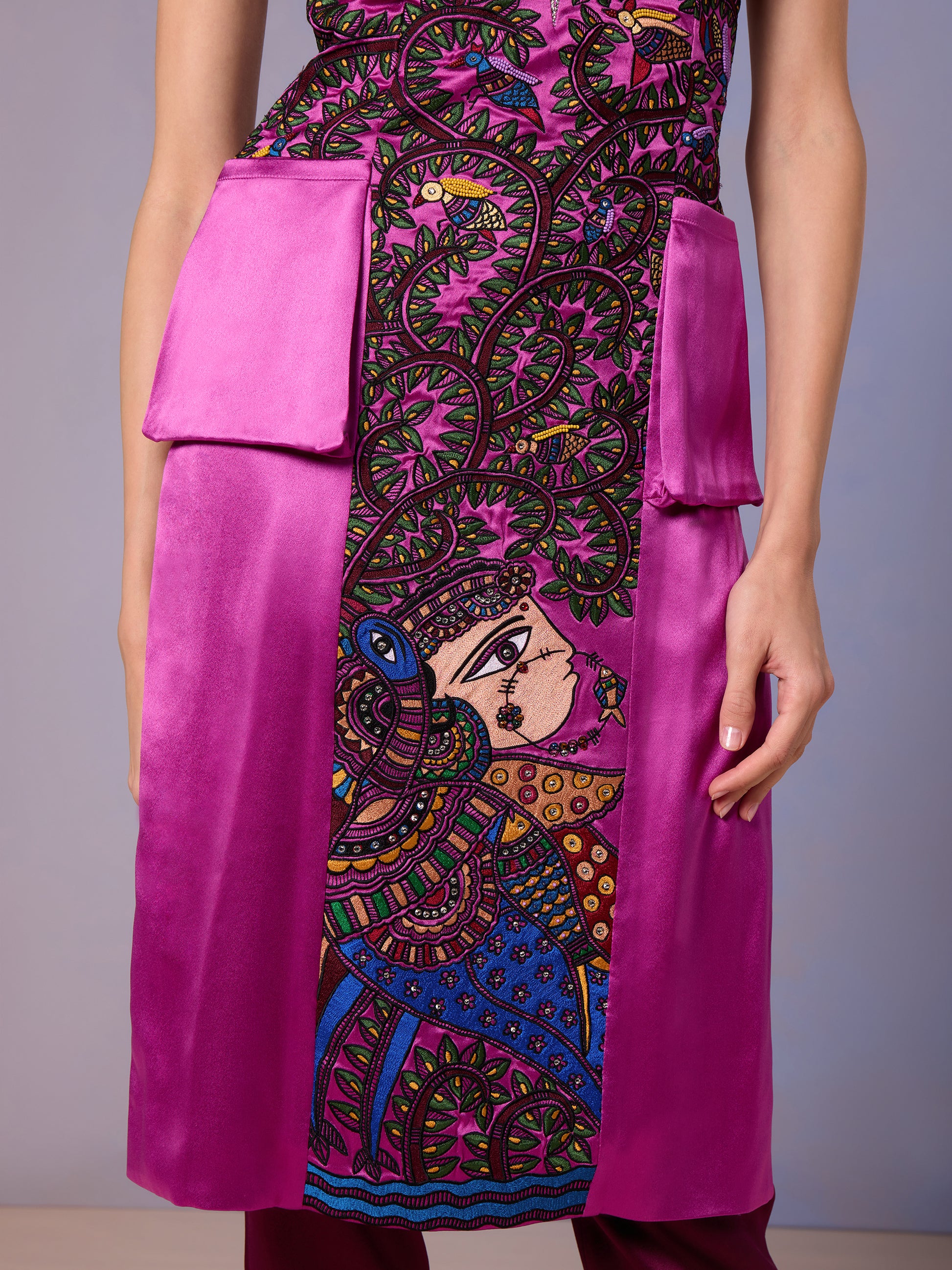 Close-up of Persian Rose kurti with detailed embroidery and satin patchwork