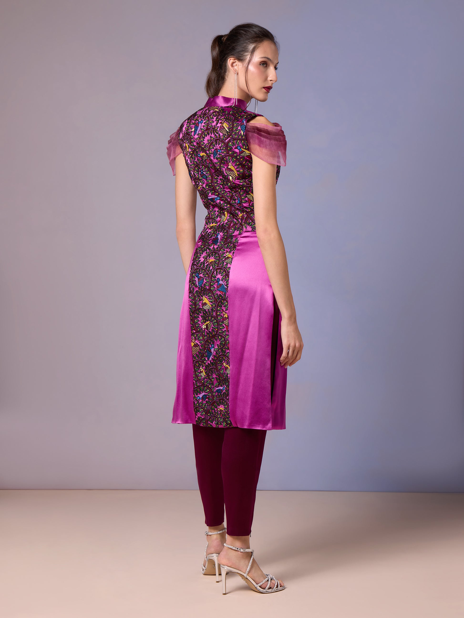 back view of Persian Rose kurti paired with tailored magenta trousers
