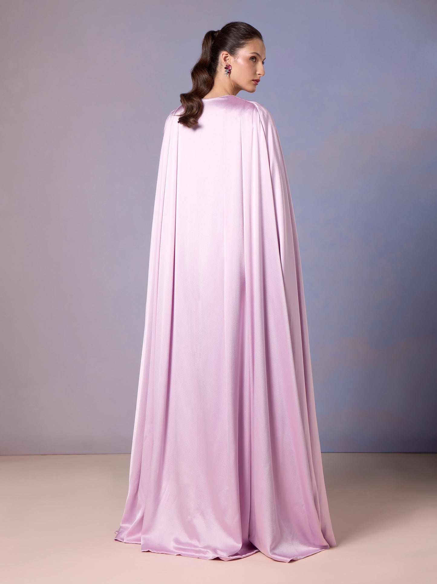 Back of flowing French Lilac silk kaftan with soft cape drape